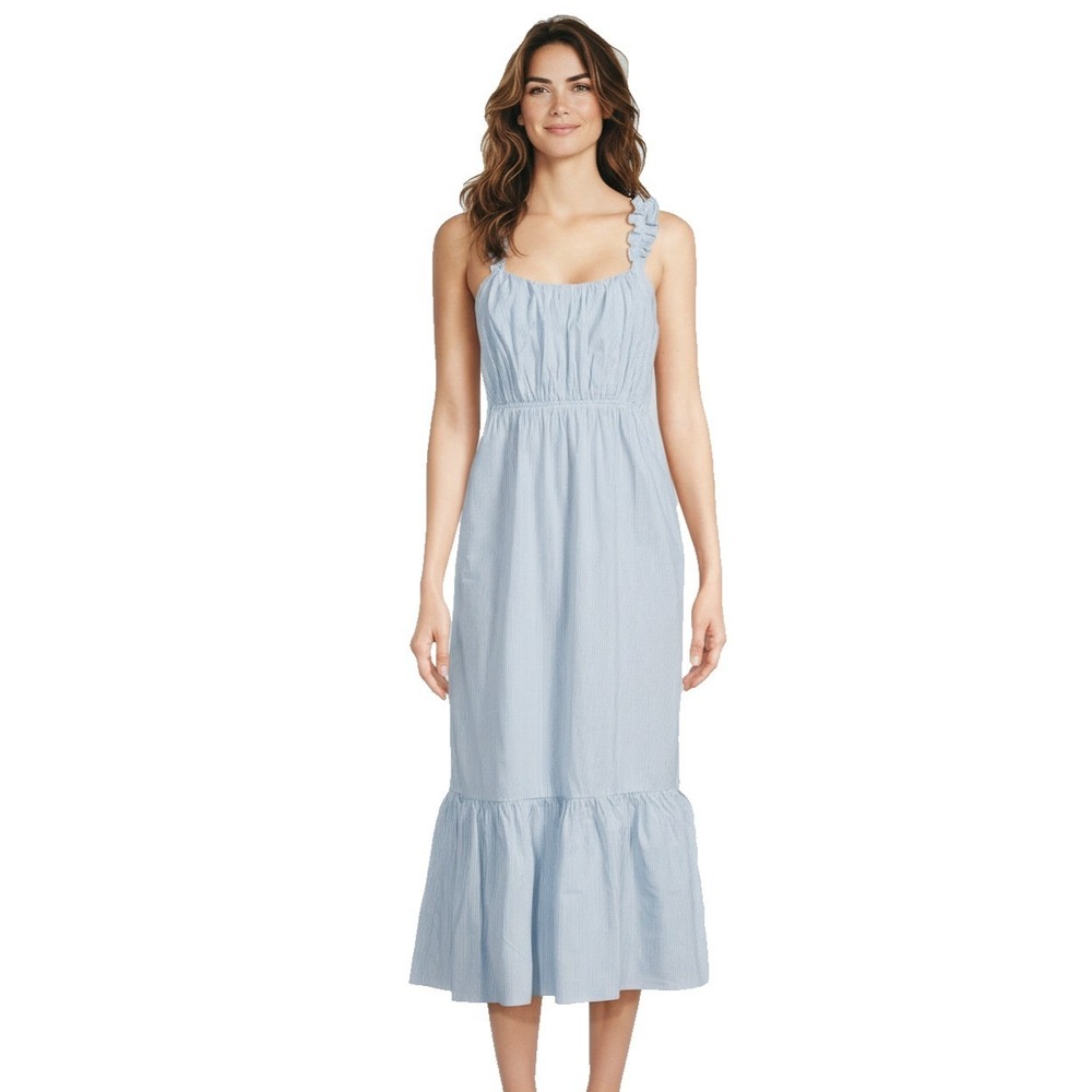 Time and Tru Womens Midi Dress Sz M Blue Ash Stripe Ruffle Strap Tie Back Flowy